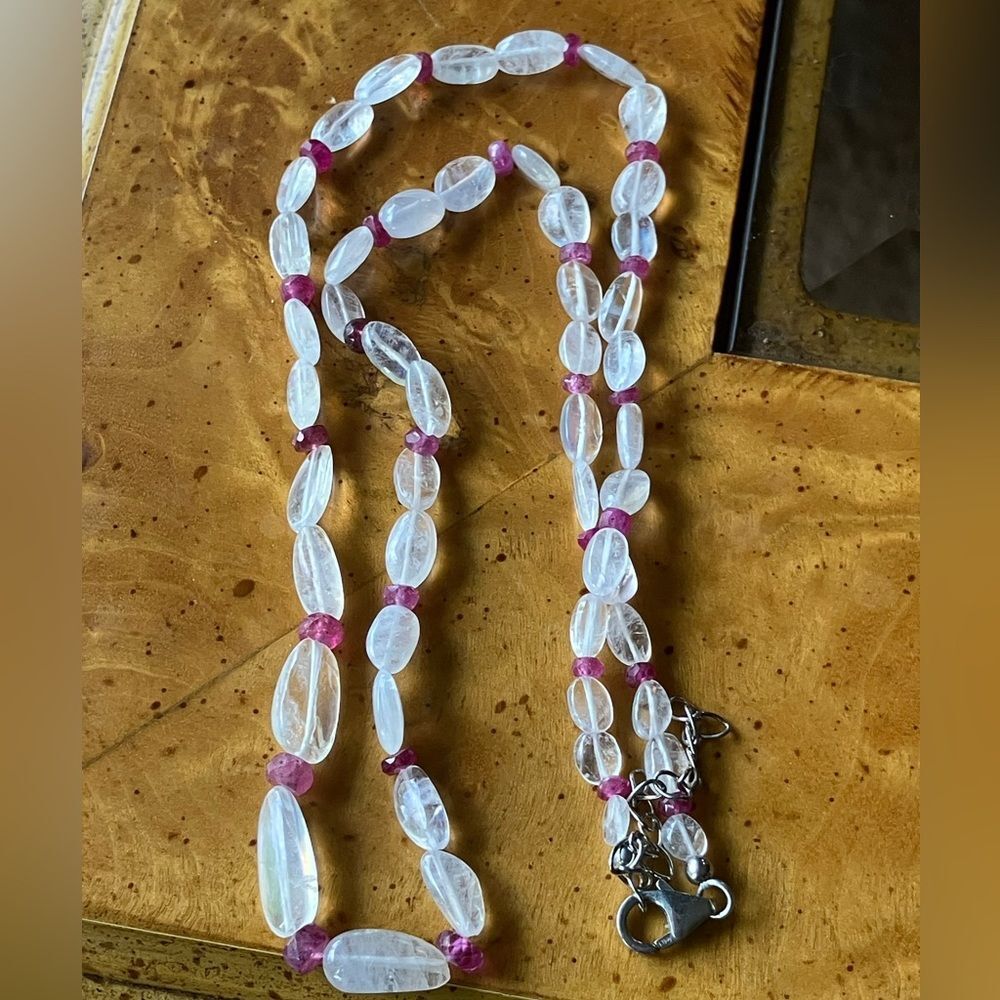 Natural Rainbow Moonstone Ruby Sterling Silver Beaded Necklace